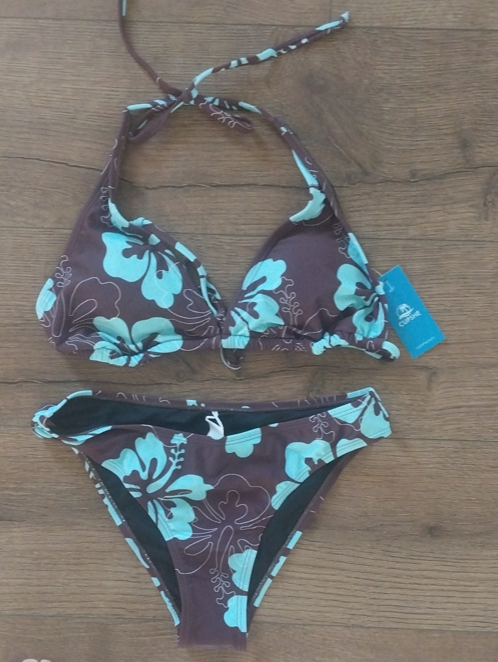 Cupshe Brown & Aqua Floral Halter Bikini Set